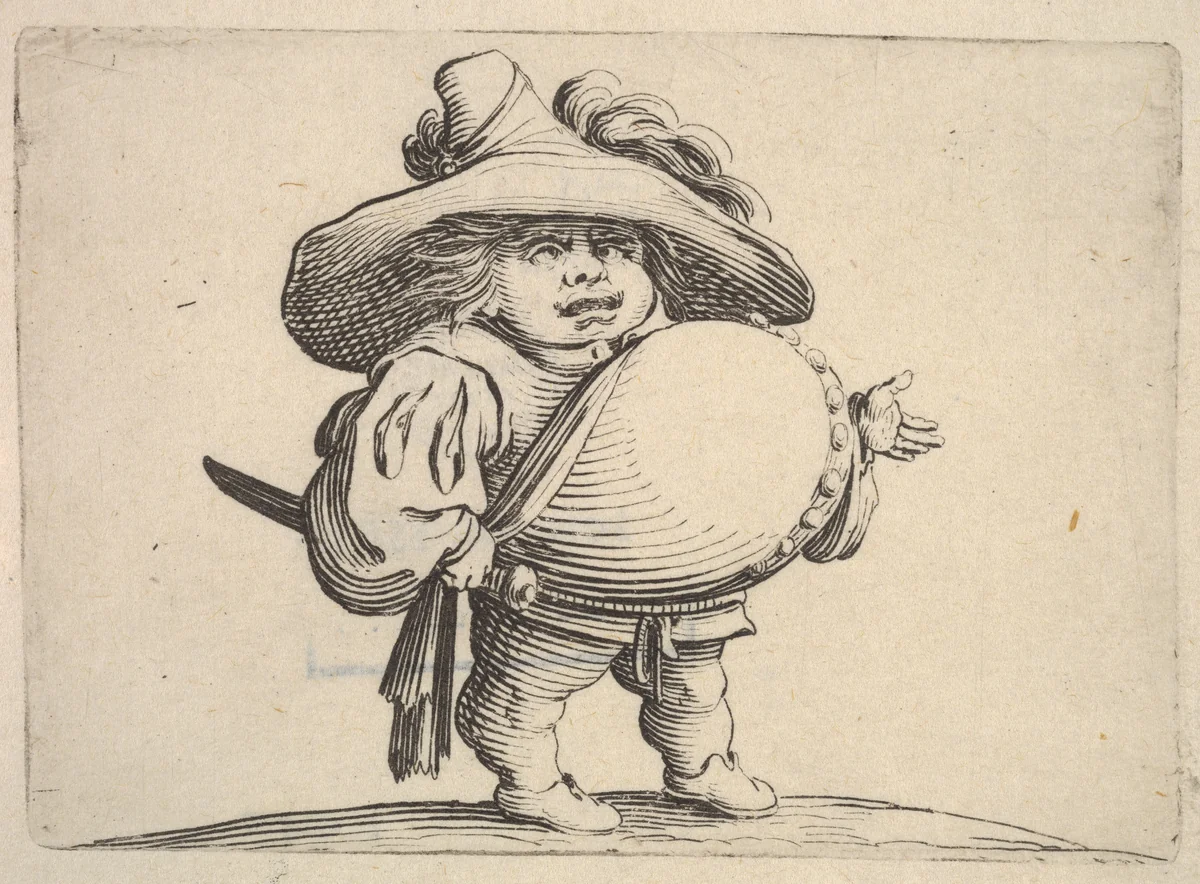 Small male figure in three-quarter view with outstreched left hand and right hand grasping sword at hip, from "Varie Figure Gobbi" by Jacques Callot, print, 1621-1625