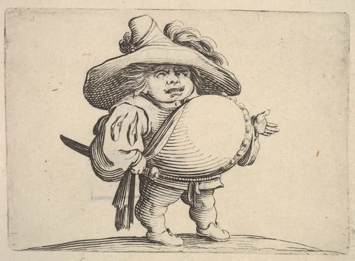 Small male figure in three-quarter view with outstreched left hand and right hand grasping sword at hip, from "Varie Figure Gobbi" by Jacques Callot, print, 1621-1625