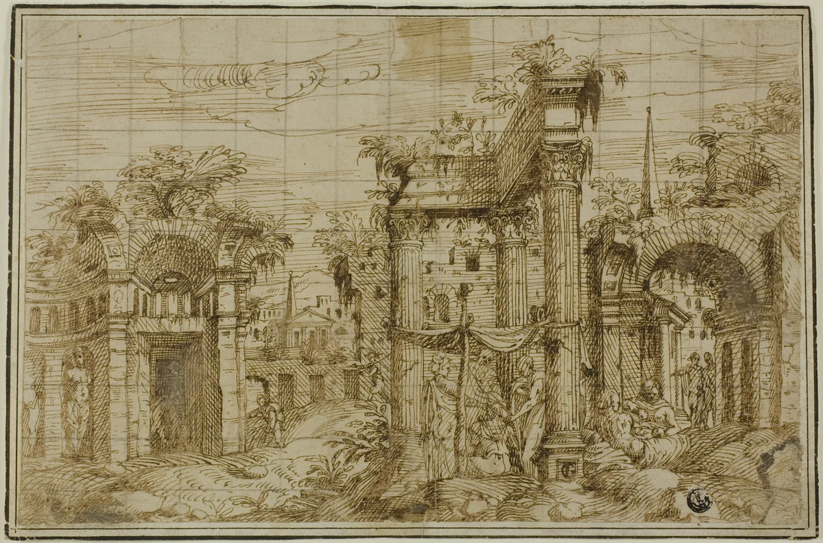 Ruins of Roman Forum, with Figures by Giovanni Battista Pittoni, drawing, 1548-1552