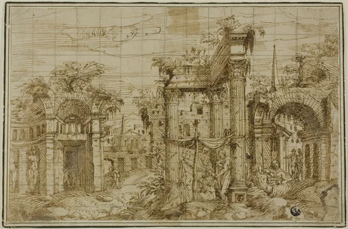 Ruins of Roman Forum, with Figures by Giovanni Battista Pittoni, drawing, 1548-1552