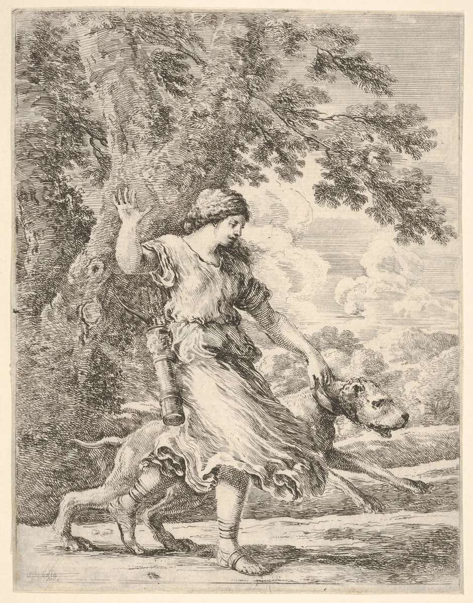 A nymph holding a large dog by the collar (La belle chasseresse) by Stefano della Bella, print, 1649-1659