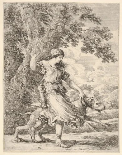 A nymph holding a large dog by the collar (La belle chasseresse) by Stefano della Bella, print, 1649-1659
