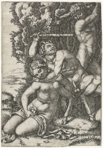 Satyr en jongeman vechtend om nimf by Unknown, print, 1511-1525