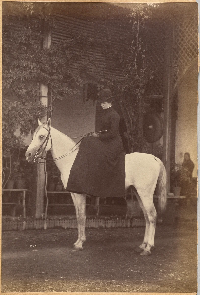 Untitled: Woman on horse (verso, right) by Raja Deen Dayal, photograph, 1877-1892