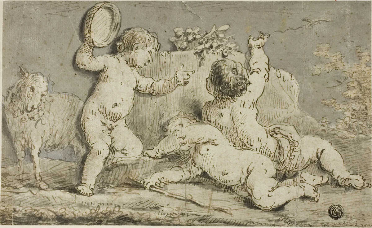Three Cherubs Playing around a Rock by Jacob de Wit, drawing, 1705-1754