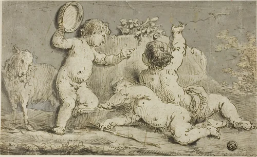 Three Cherubs Playing around a Rock by Jacob de Wit, drawing, 1705-1754
