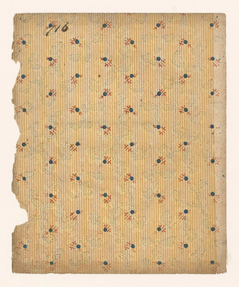 Blad met strooipatroon van bloemmotief met takje omgeven door punten op een lijnenfond by anonymous, other, 1750-1900