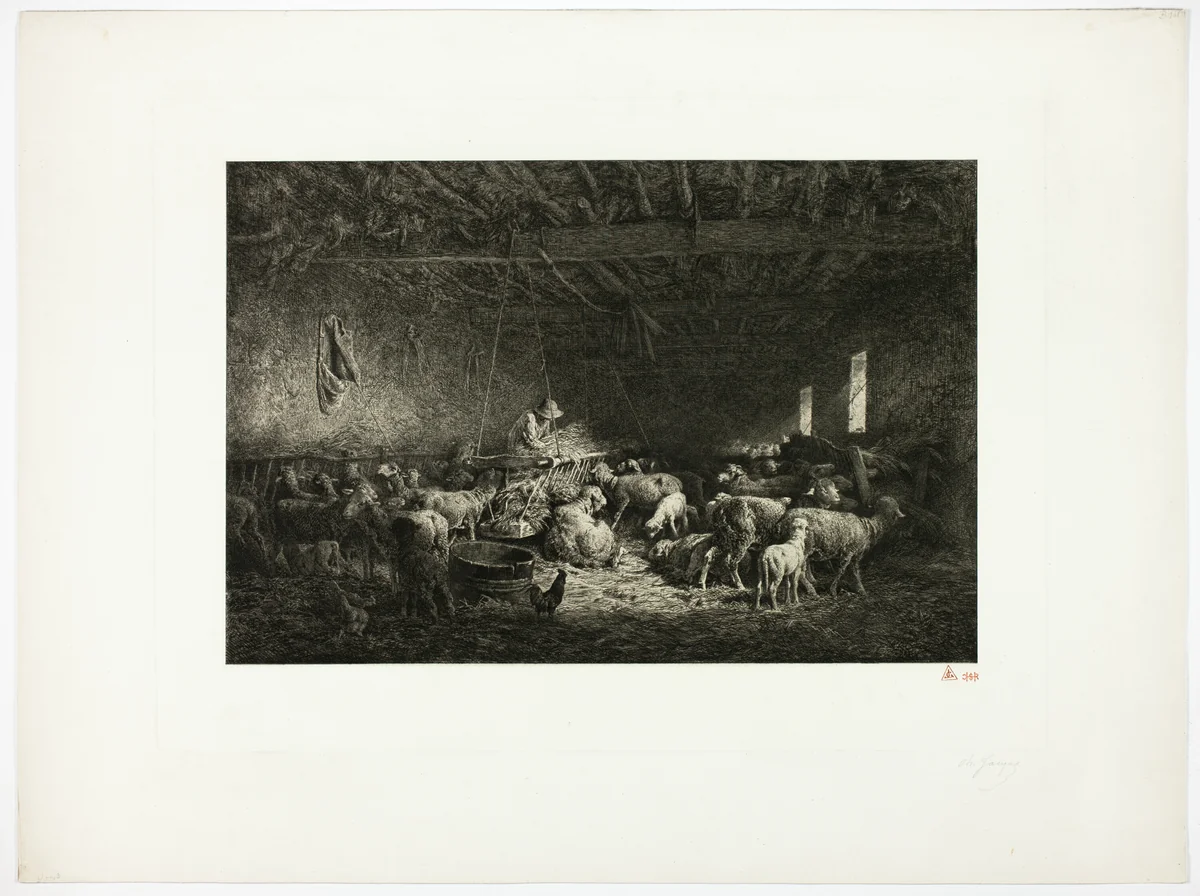 The Large Sheepcot (horizontal plate) by Charles-Émile Jacque, print, 1859
