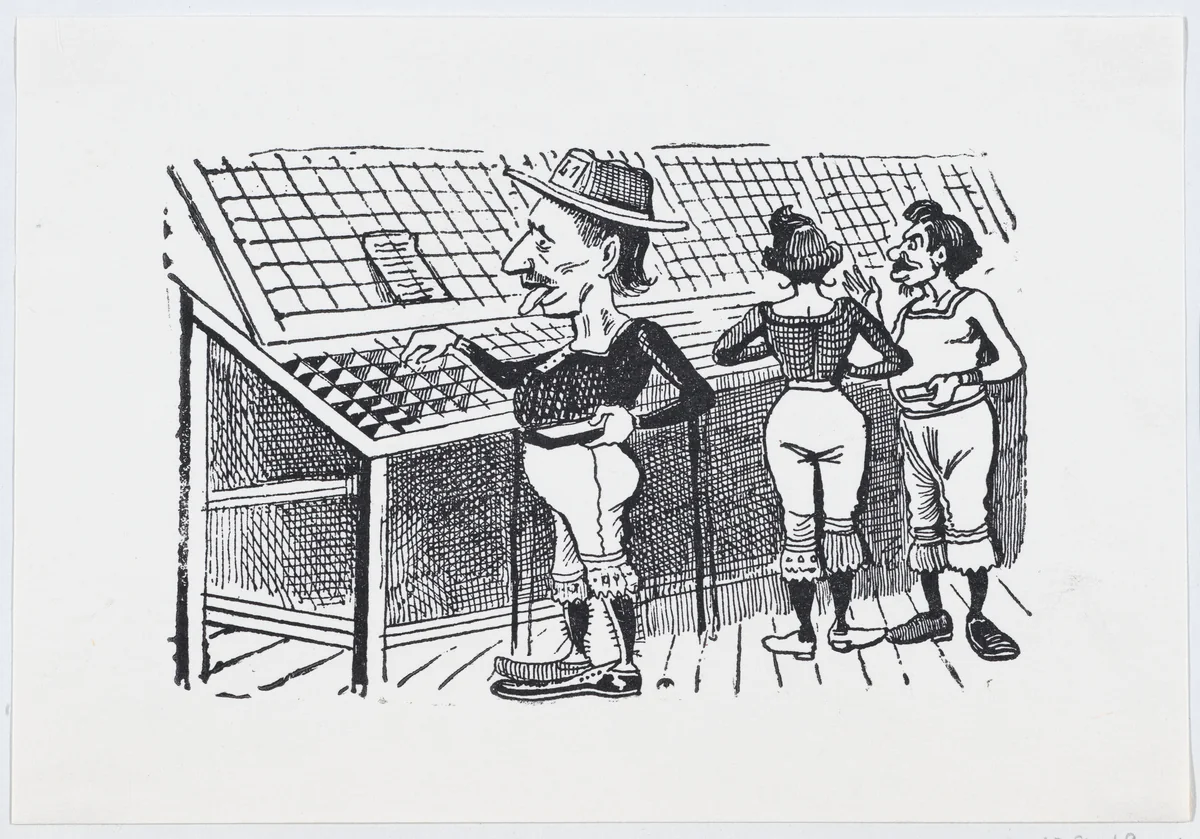 A man wearing bloomers and a hat looking through merchandise by José Guadalupe Posada, print, 1875-1885