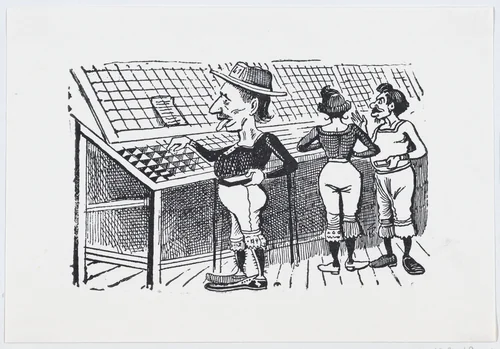 A man wearing bloomers and a hat looking through merchandise by José Guadalupe Posada, print, 1875-1885