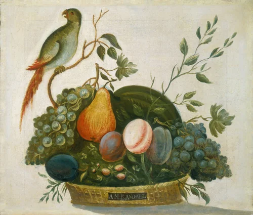 Basket of Fruit with Parrot by A.M. Randall, painting, 1777