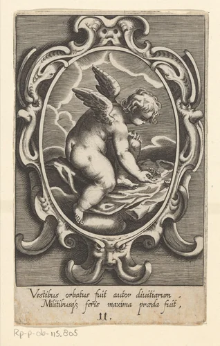 Dobbelende engel, zittend op een hemd by Raphael Custos, print, 1620