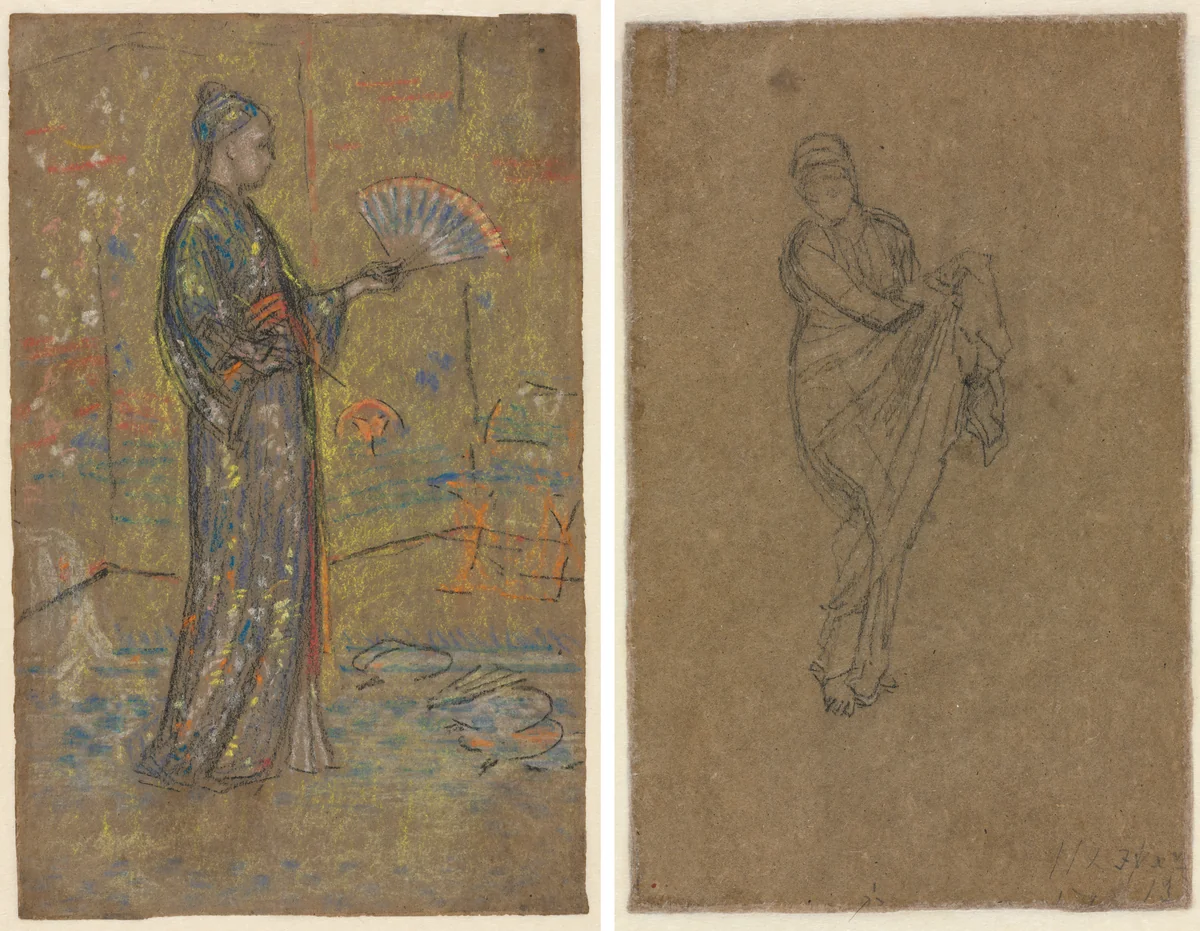Japanese Woman Painting a Fan (recto); Standing Woman Holding Up Her Dress (verso) by James McNeill Whistler, drawing, 1867-1877