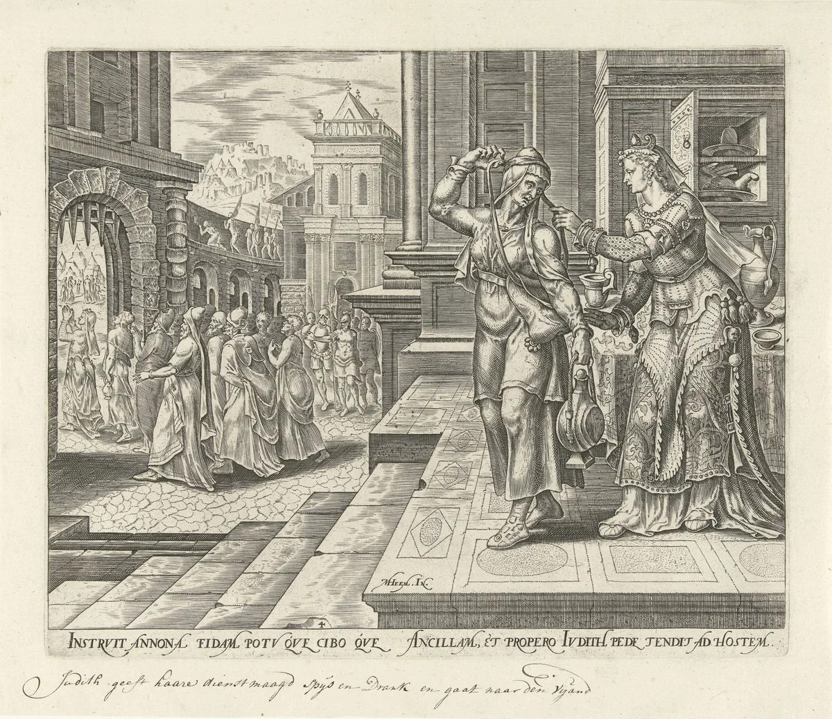 Judit op weg naar het legerkamp van Holofernes by Philips Galle, print, 1564