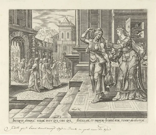 Judit op weg naar het legerkamp van Holofernes by Philips Galle, print, 1564