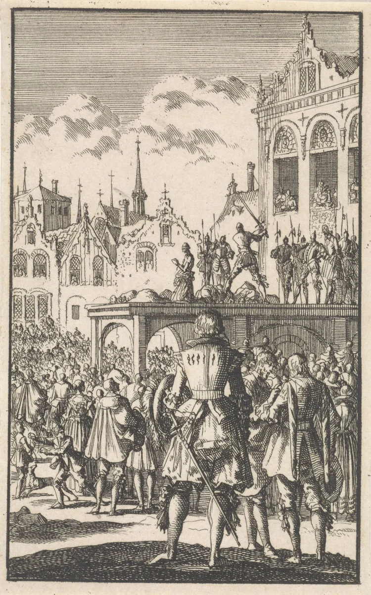 Onthoofding van de graven Egmond en Horne, 1567 by Jan Luyken, print, 1699