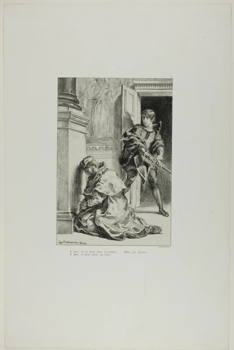 Hamlet Attempts to Slay the King, plate 8 from Hamlet by Eugène Delacroix, print, 1843
