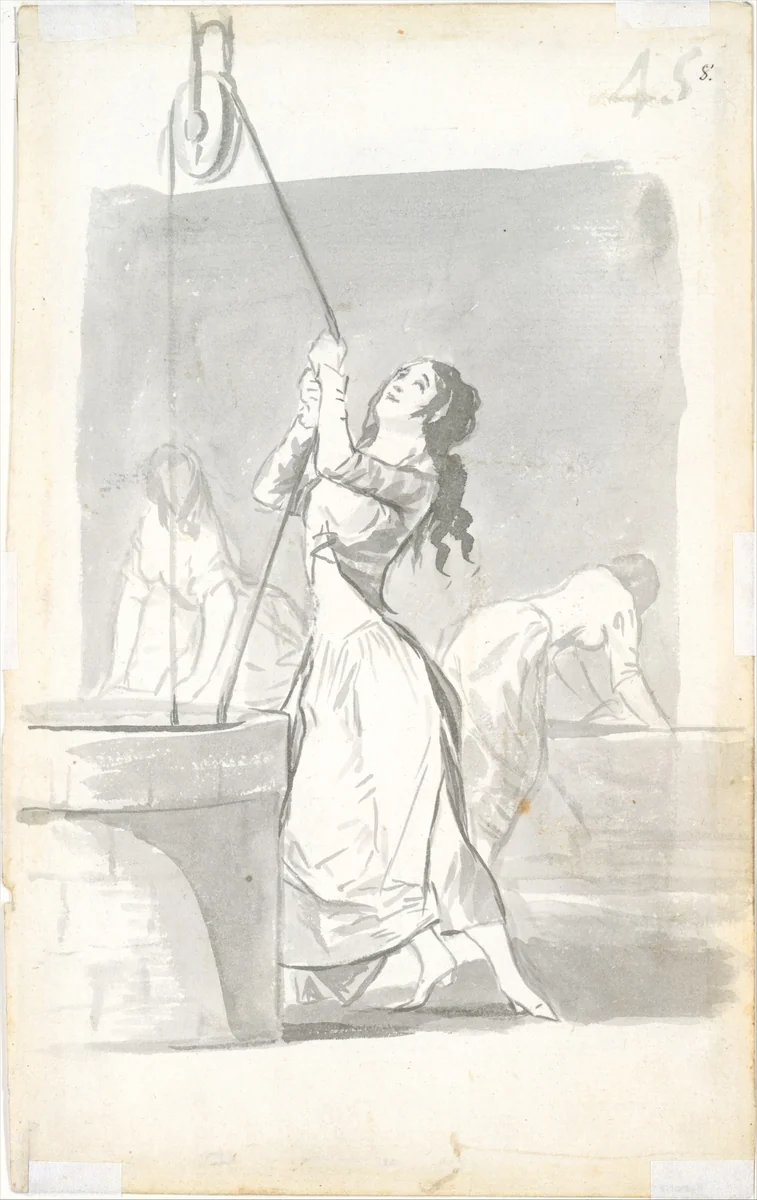 Three women, one in the foreground drawing water from a well, two in the background washing; folio 45 (recto) from the Madrid Album "B" by Goya, drawing, 1795-1797