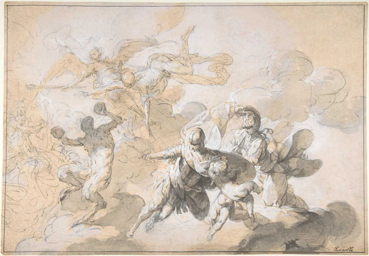 Study for ceiling decoration with Mars, Minerva, and a dancing satyr, for the Villa Puccini di Scornio, Pistoia, Italy by Giovanni Domenico Ferretti, drawing, 1724-1725