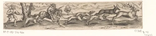 Hertenjacht met twee jagers en vier honden by anonymous, print, 1524-1612