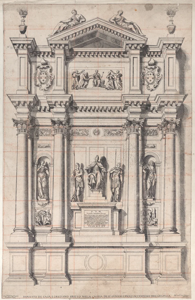 Design after the monument of Leonardo Loredano by Antonio Francesco Luccini, print, 1625-1700