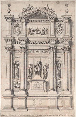 Design after the monument of Leonardo Loredano by Antonio Francesco Luccini, print, 1625-1700