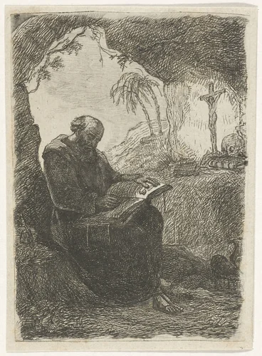 Monnik in een grot by David van der Kellen, print, 1814-1859