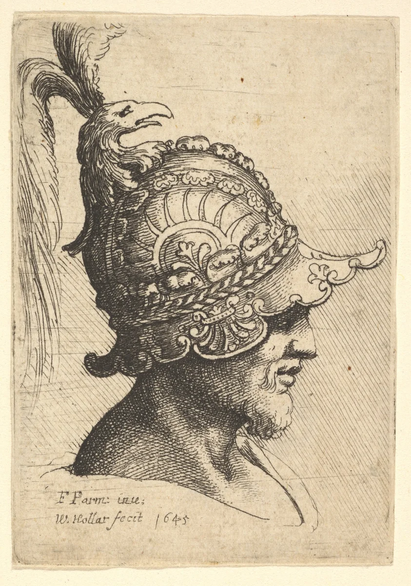 Helmeted Head wtih Bird's Head Crest by Wenceslaus Hollar, print, 1645