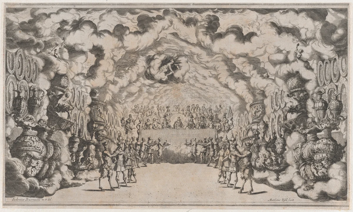 Kingdom of Jove with the banquet of the gods; set design from 'Il Pomo D'Oro' by Mathäus Küsel, print, 1668