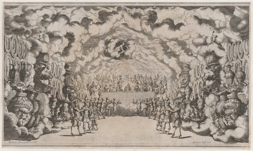 Kingdom of Jove with the banquet of the gods; set design from 'Il Pomo D'Oro' by Mathäus Küsel, print, 1668