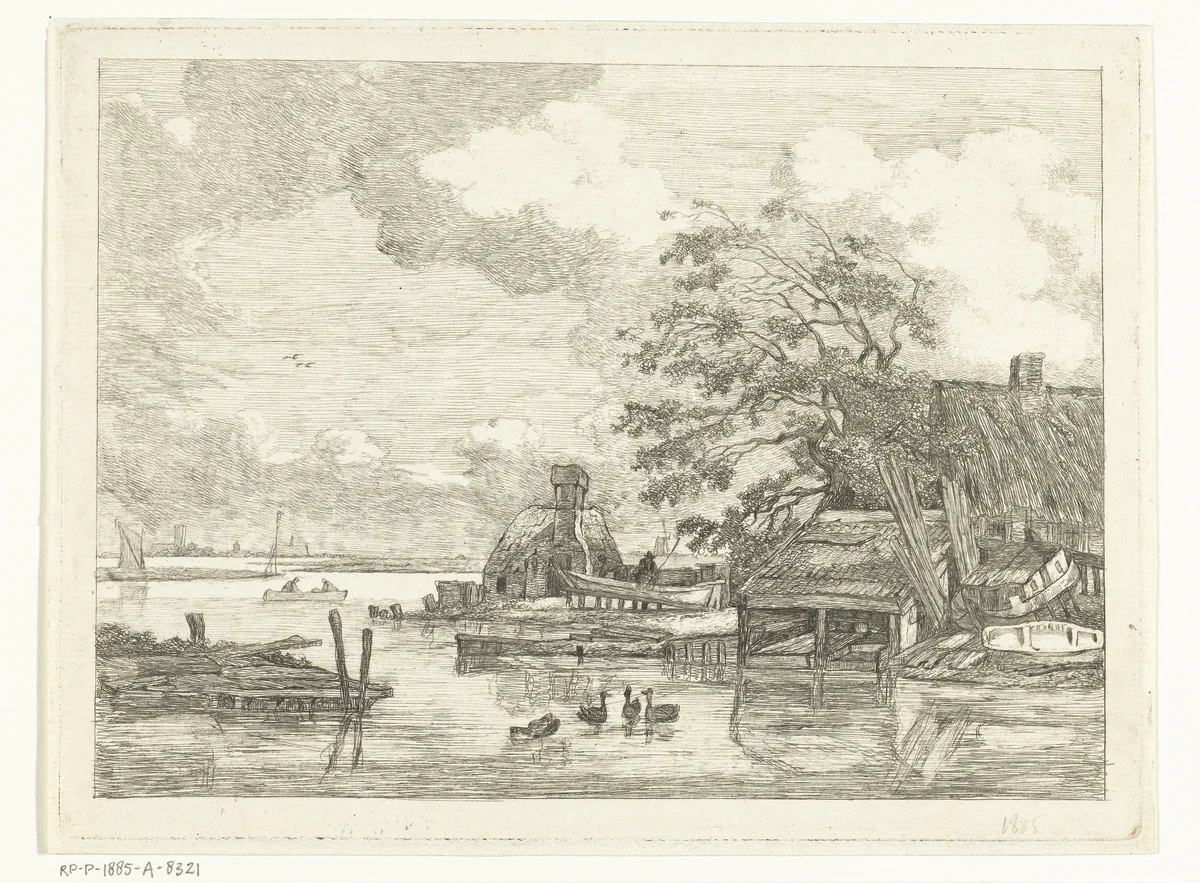 Gezicht op het Spaarne met scheepstimmerwerf en washuis bij Haarlem by Albertus Brondgeest, print, 1796-1849