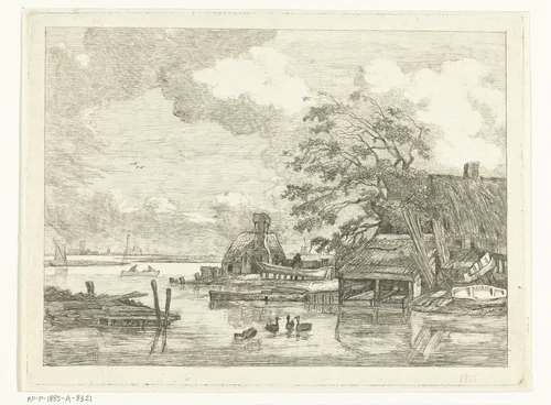 Gezicht op het Spaarne met scheepstimmerwerf en washuis bij Haarlem by Albertus Brondgeest, print, 1796-1849
