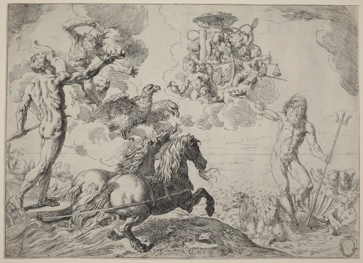 Jupiter, Neptune and Pluto by Simone Cantarini, print, 1612-1648