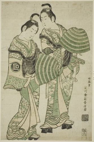 The Actors Onoe Kikugoro I and Sanogawa Ichimatsu I dressed as mendicant monks (komuso) by Ishikawa Toyonobu, print, 1744-1754