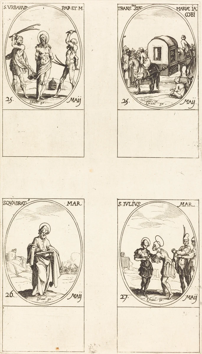 St. Urban; The Translation of St. Mary of James; St. Quadrat; St. Julius by Jacques Callot, print, 1627-1637