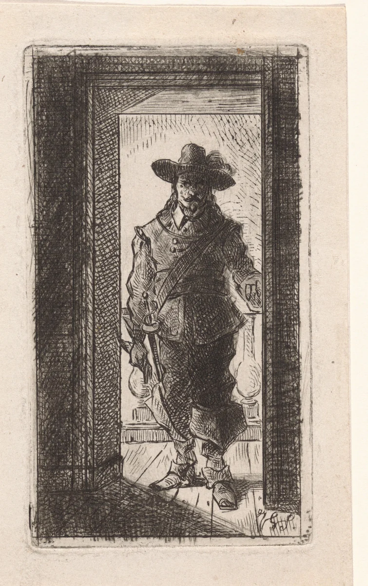 Man in zeventiende eeuwse kledij, staand in een deuropening by Jan Gerard Smits, print, 1838-1885