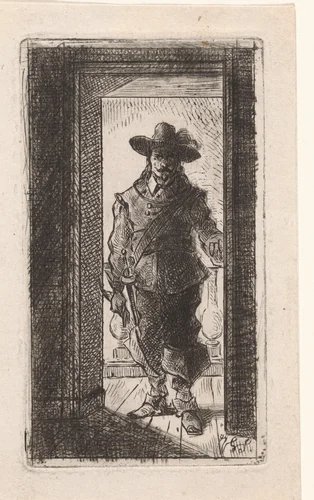 Man in zeventiende eeuwse kledij, staand in een deuropening by Jan Gerard Smits, print, 1838-1885