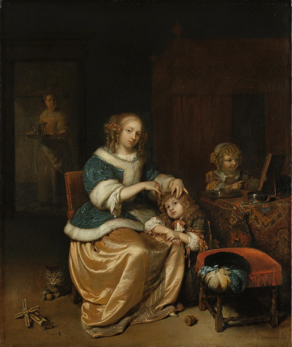 Interieur met een moeder die het haar van haar kind kamt, bekend als ‘Moederzorg’ by Caspar Netscher, painting, 1669