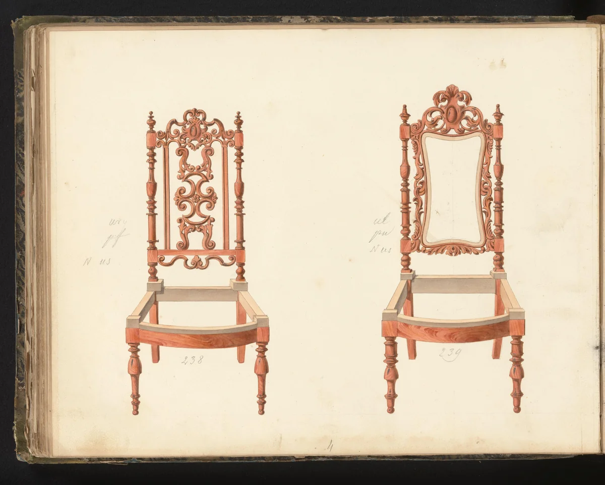 Twee ontwerpen voor stoelen by anonymous, drawing, 1825-1839