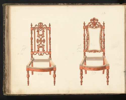 Twee ontwerpen voor stoelen by anonymous, drawing, 1825-1839
