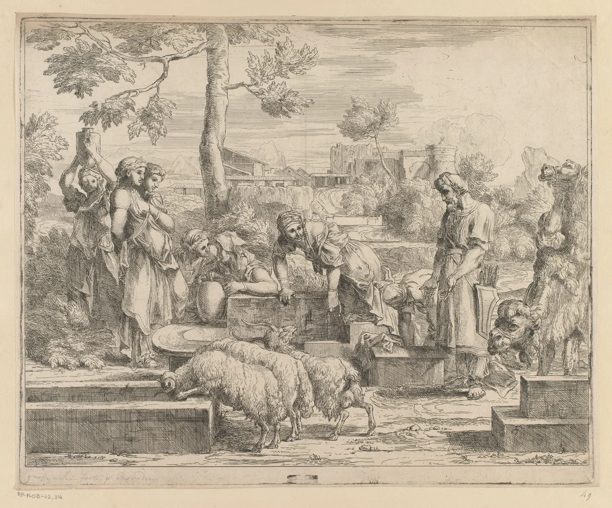 Jakob en Rachel bij de waterput by Sébastien Bourdon, print, 1626-1671