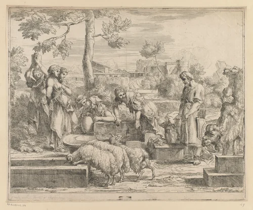 Jakob en Rachel bij de waterput by Sébastien Bourdon, print, 1626-1671