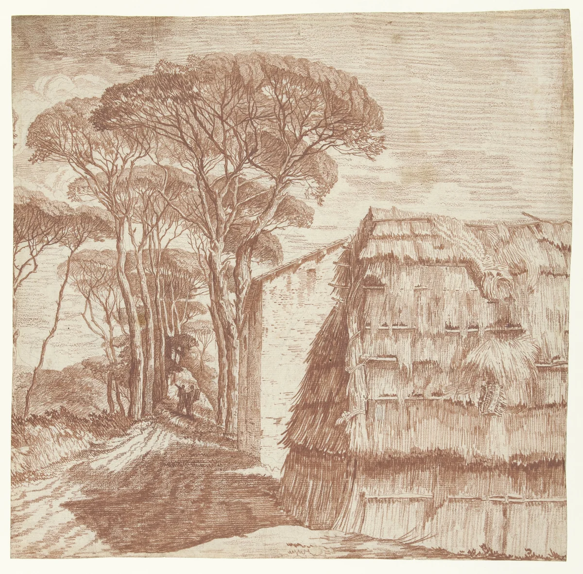 Pijnboomlaantje met huizen en een plaggenhut op de voorgrond by anonymous, drawing, 1700-1800