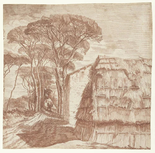 Pijnboomlaantje met huizen en een plaggenhut op de voorgrond by anonymous, drawing, 1700-1800