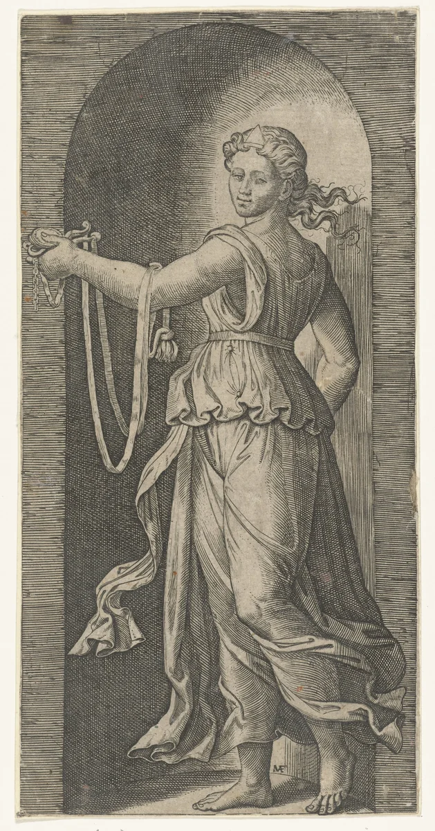 Vrouw als personificatie van Matigheid (Temperantia) met breidel staand in nis by Unknown, print, 1510-1527