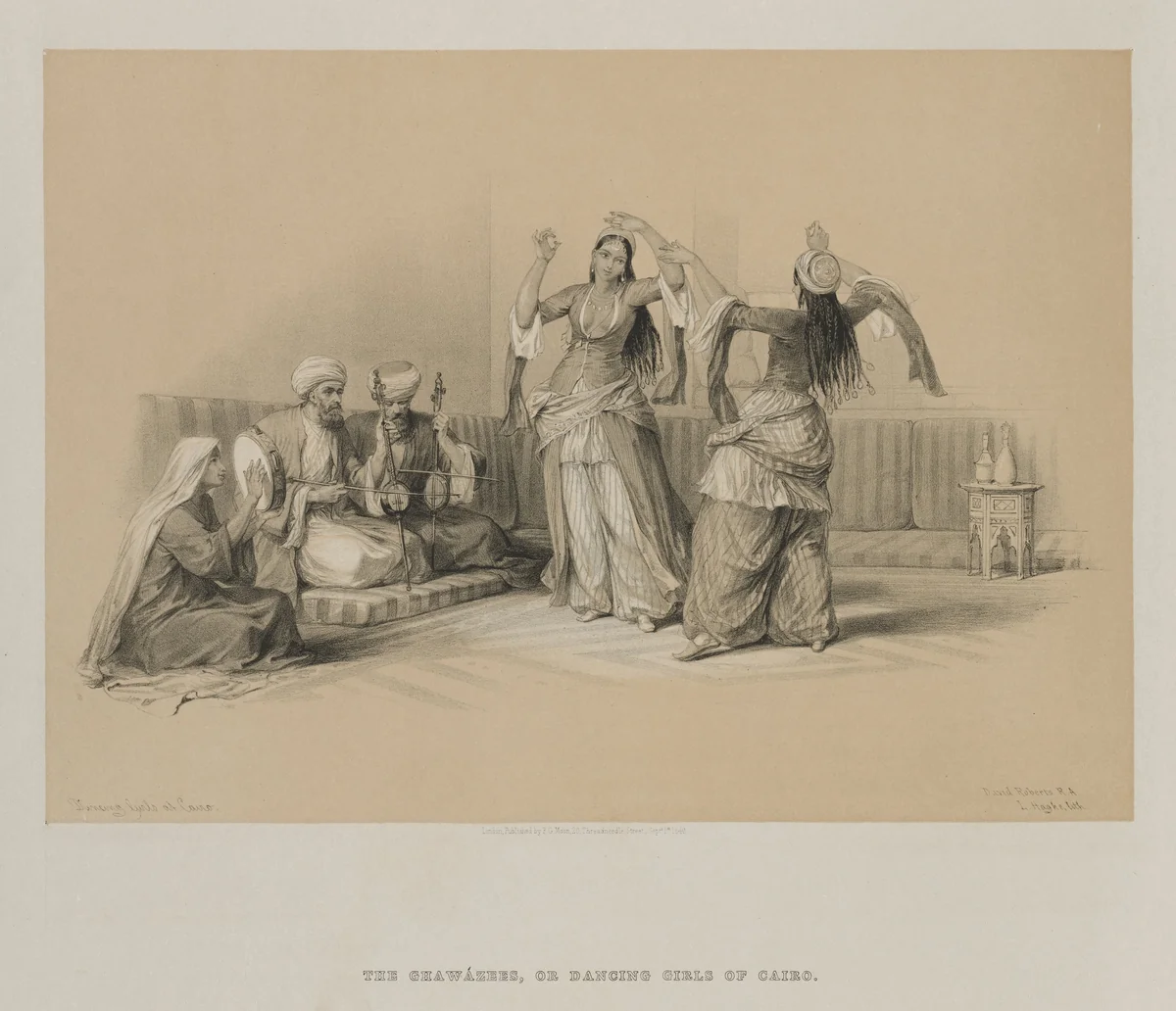 Egypt and Nubia, Volume III: Dancing Girls at Cairo by Louis Haghe, print, 1849