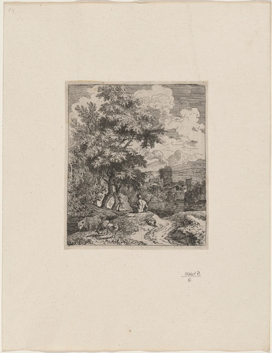 Shepherd with Cow and Two Sheep by Joachim Franz Beich, print, 1700-1725
