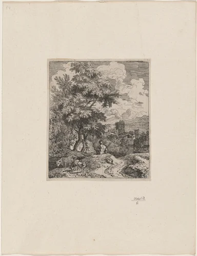 Shepherd with Cow and Two Sheep by Joachim Franz Beich, print, 1700-1725