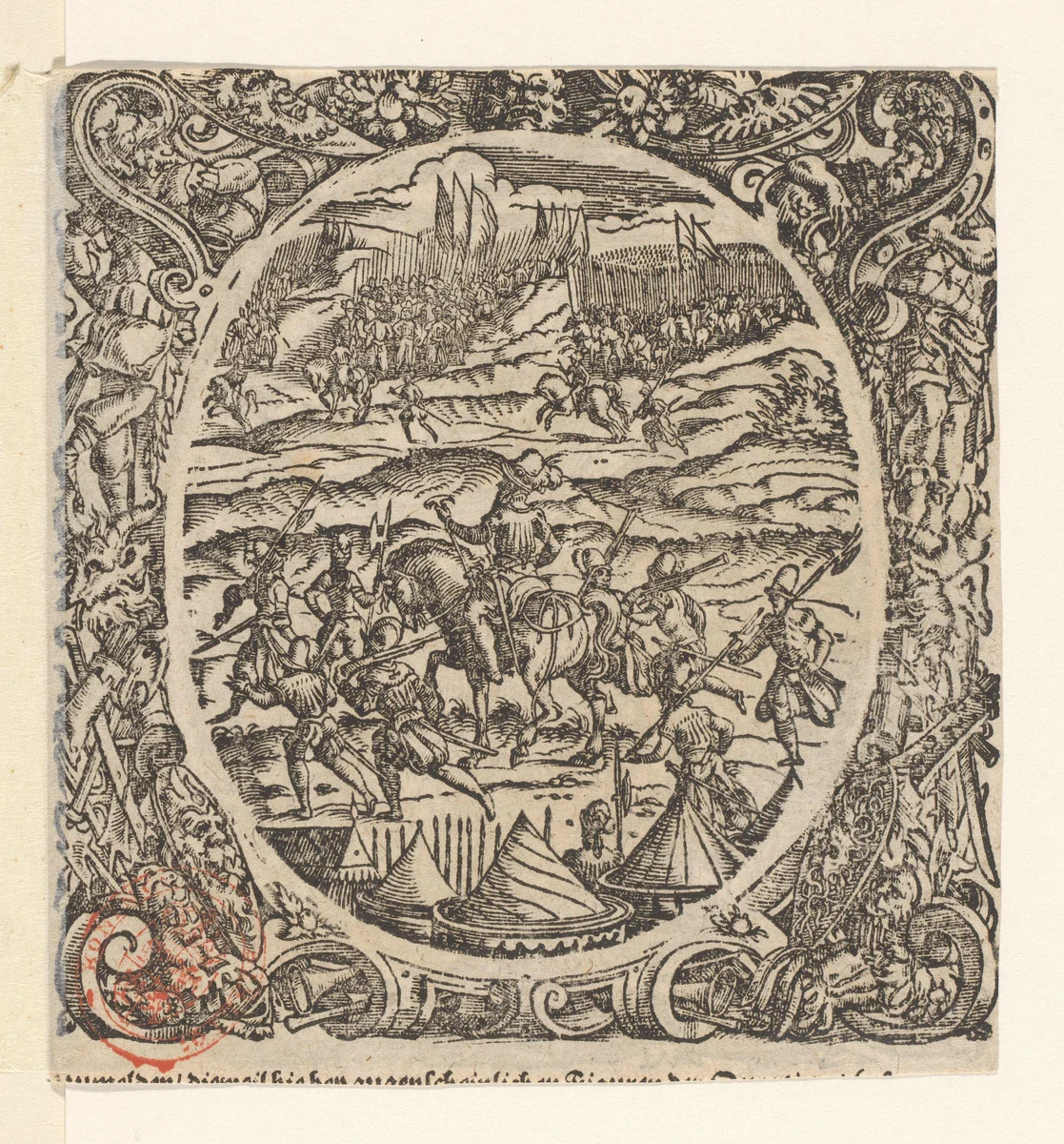 Officier te paard met acht soldaten by Jost Amman, print, 1573