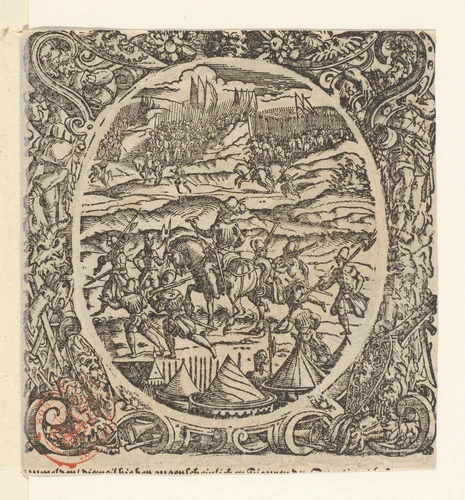 Officier te paard met acht soldaten by Jost Amman, print, 1573